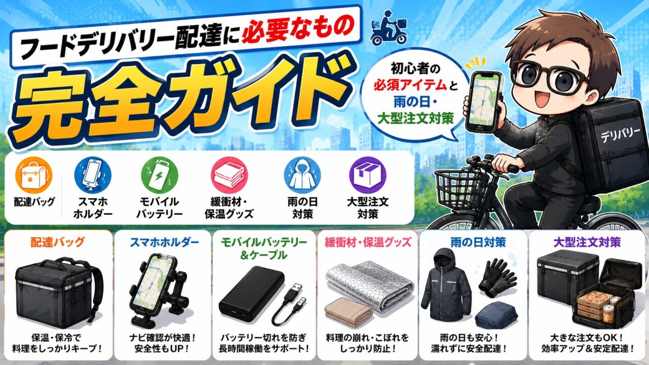 フードデリバリー配達の必須アイテムと雨の日対策をまとめたアイキャッチ画像