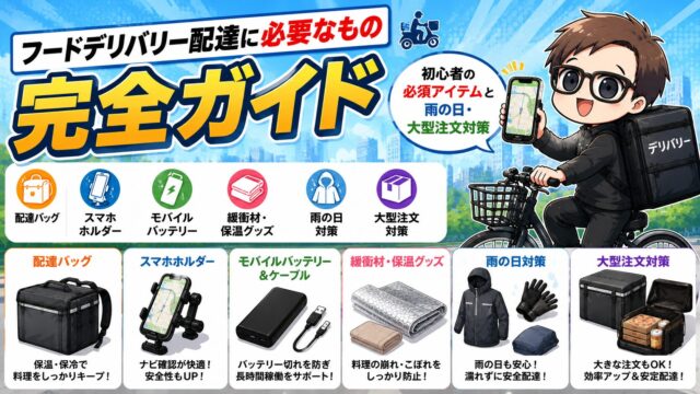 フードデリバリー配達の必須アイテムと雨の日対策をまとめたアイキャッチ画像