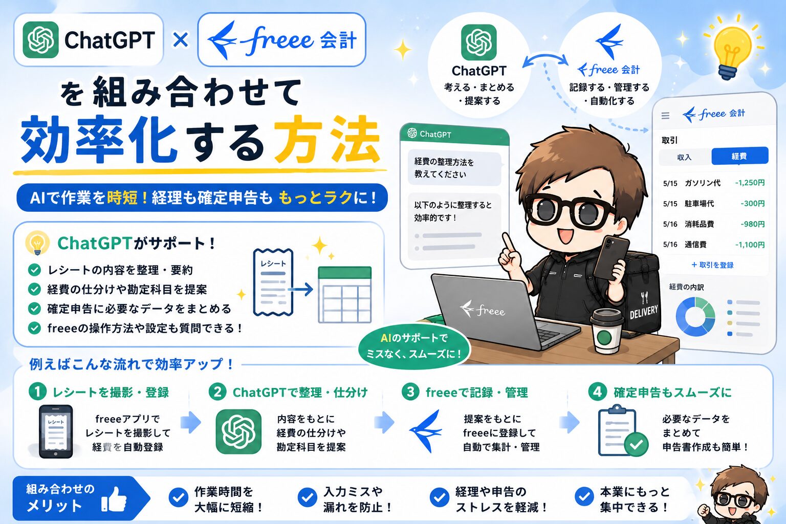 ChatGPTとfreeeを使って経費分類を効率化するイメージ