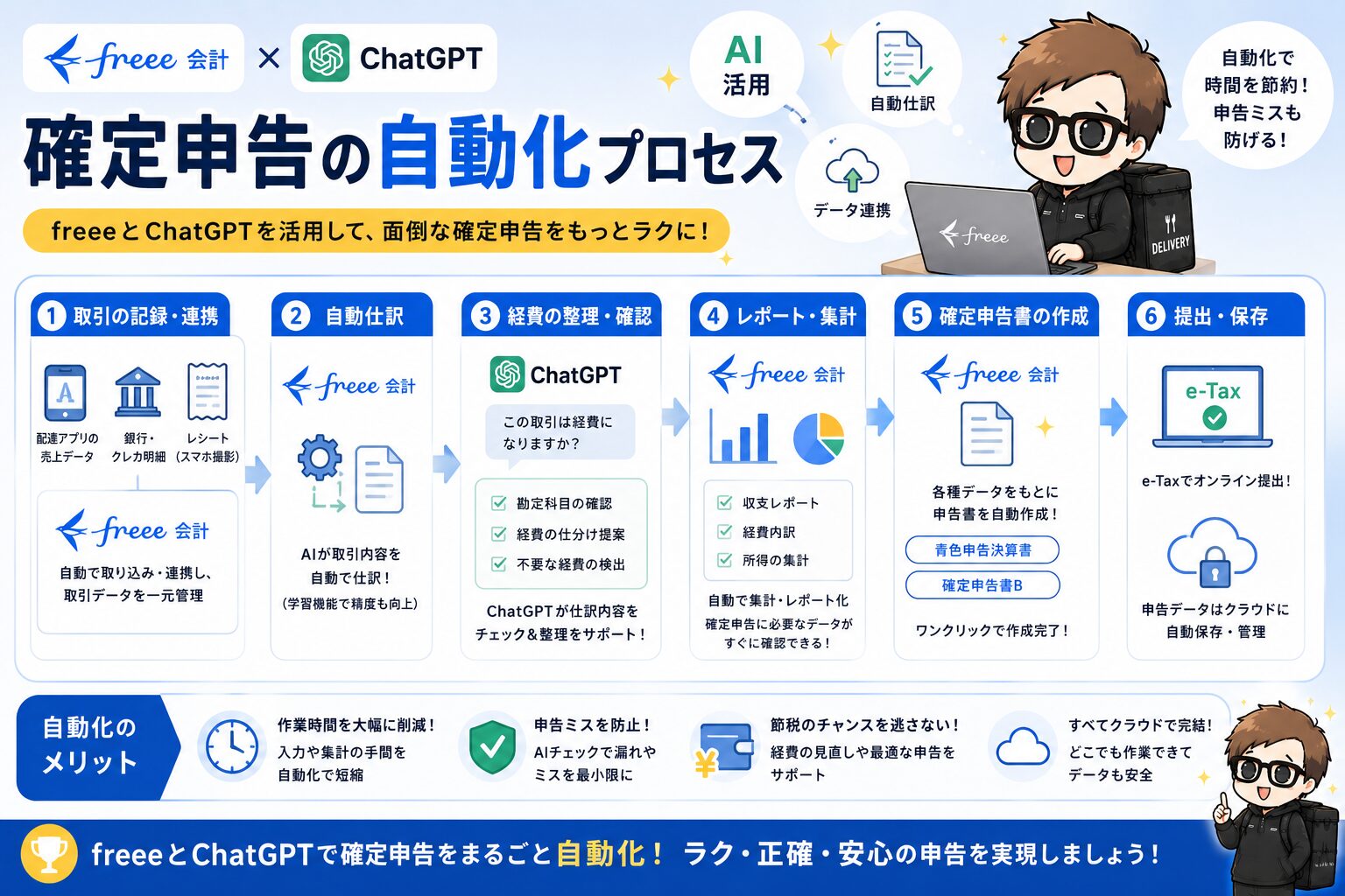 freeeで確定申告作業を効率化するイメージ