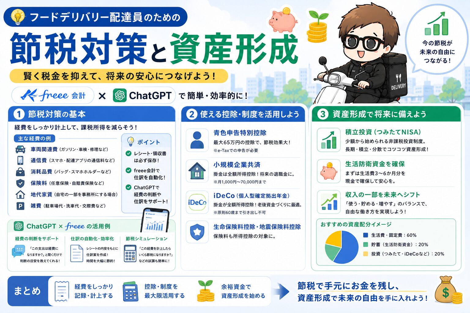 配達員が節税と資産形成を考えるイメージ
