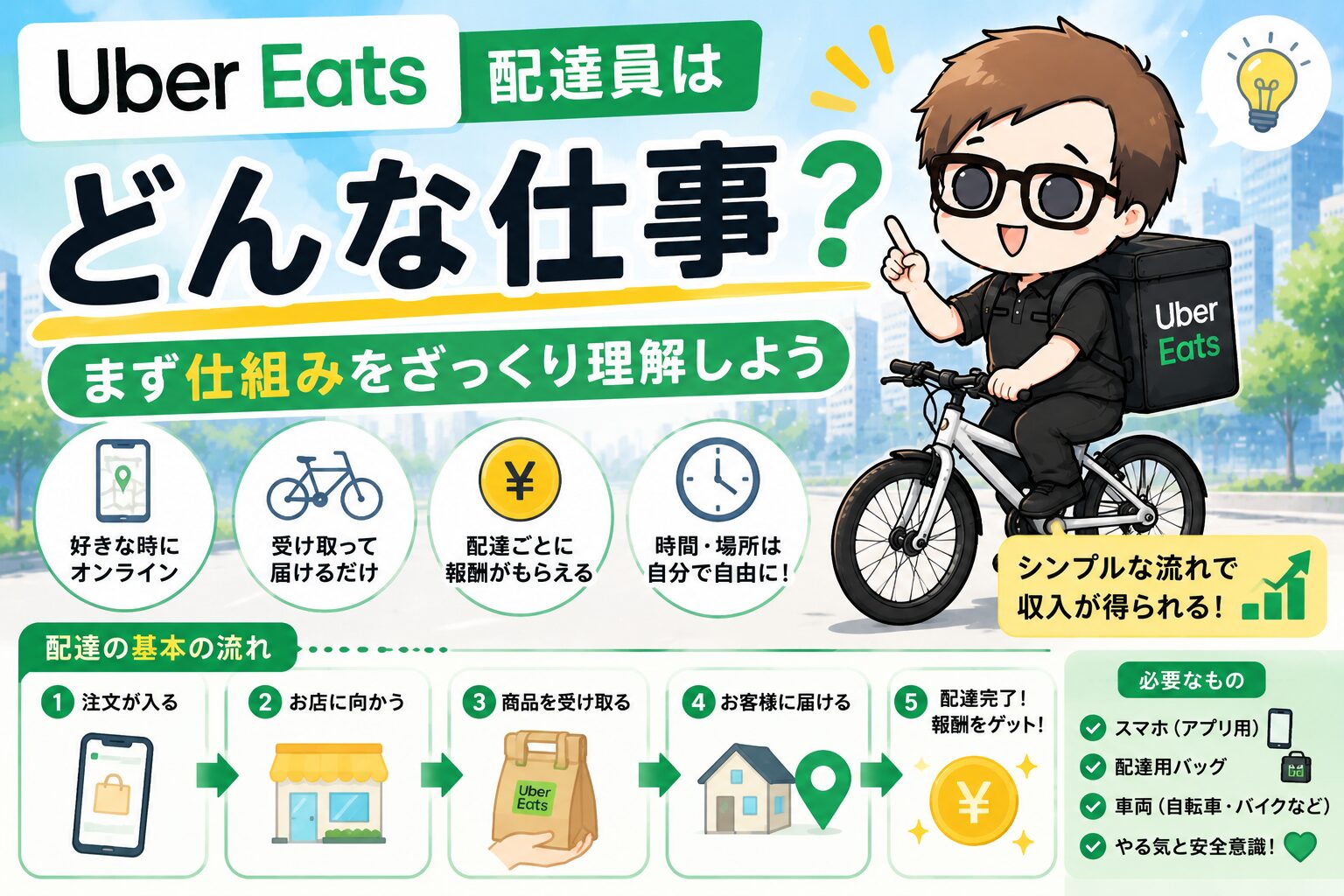 Uber Eats配達員の仕事内容と配達の流れを解説する画像