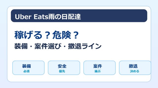 Uber Eats雨の日配達の装備と案件選び、撤退ラインをまとめた画像