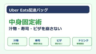 Uber Eats配達バッグの中身固定術と汁物、寿司、ピザを崩さない運び方をまとめた画像