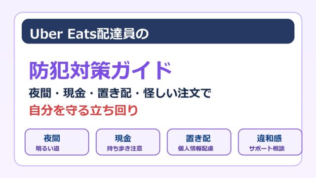 Uber Eats配達員の防犯対策として夜間配達、現金対応、置き配、怪しい注文の注意点をまとめたアイキャッチ画像