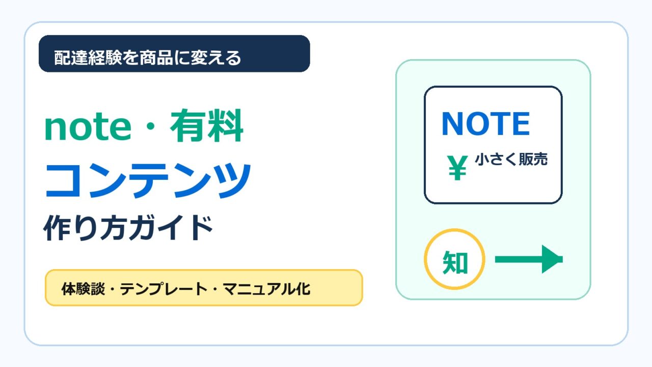 フードデリバリー配達員がnoteや有料コンテンツで配達経験を小さな商品に変える方法をまとめたアイキャッチ画像