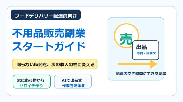 フードデリバリー配達員が鳴らない時間を使って不用品販売副業を始める方法をまとめたアイキャッチ画像