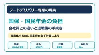 フードデリバリー専業の国民健康保険と国民年金、会社員副業との違いをまとめた画像