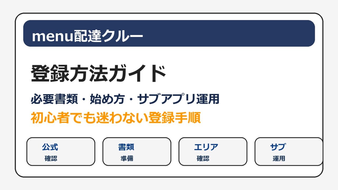 menu配達クルーの登録方法と必要書類、Uber Eatsとの掛け持ち注意点をまとめたアイキャッチ画像