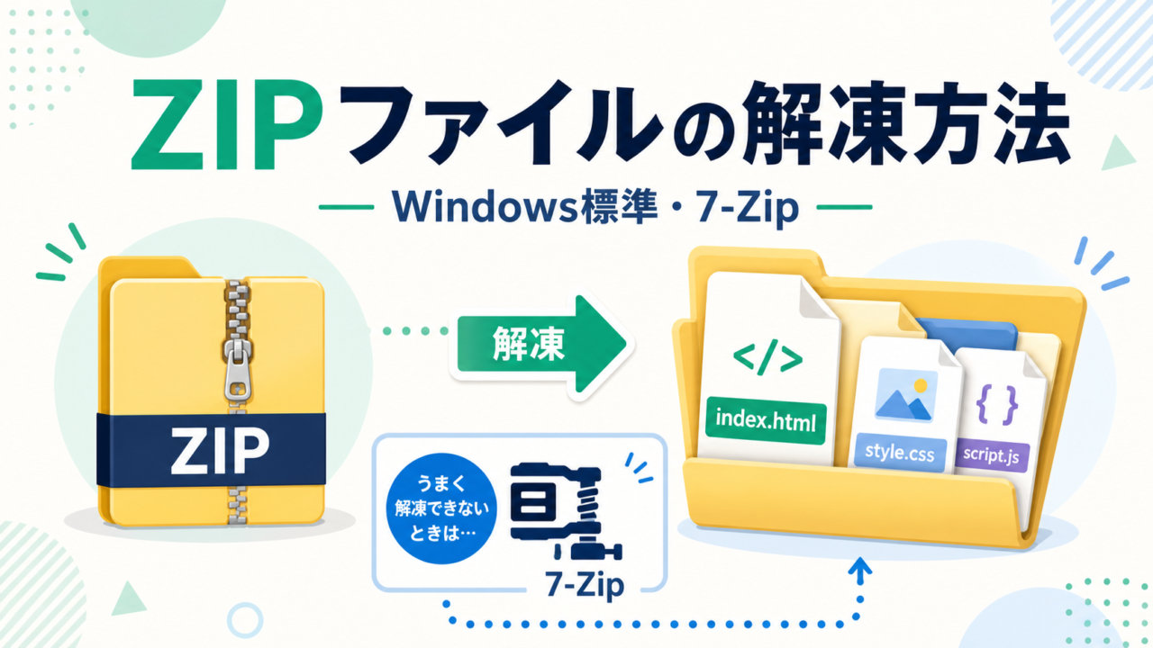 ZIPファイルをWindows標準機能と7-Zipで解凍する方法のアイキャッチ