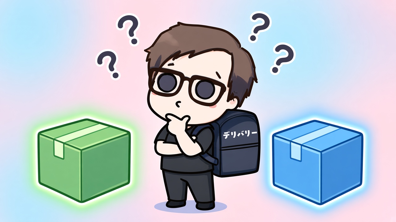 2つの箱を見比べて考え込むイロドリのキャラクター