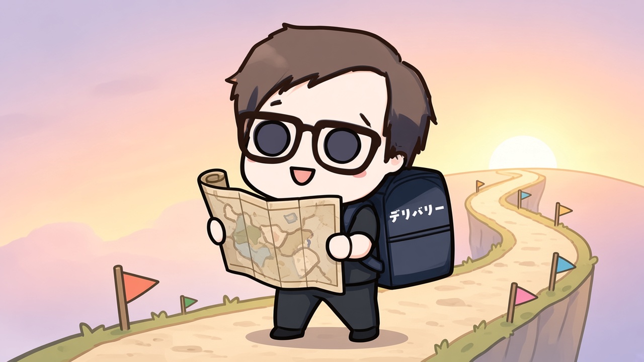 地図を広げて道の先を見るイロドリのキャラクター